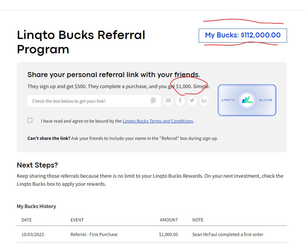 Linqto Bucks Referral Program showing $112,000 in referral credits